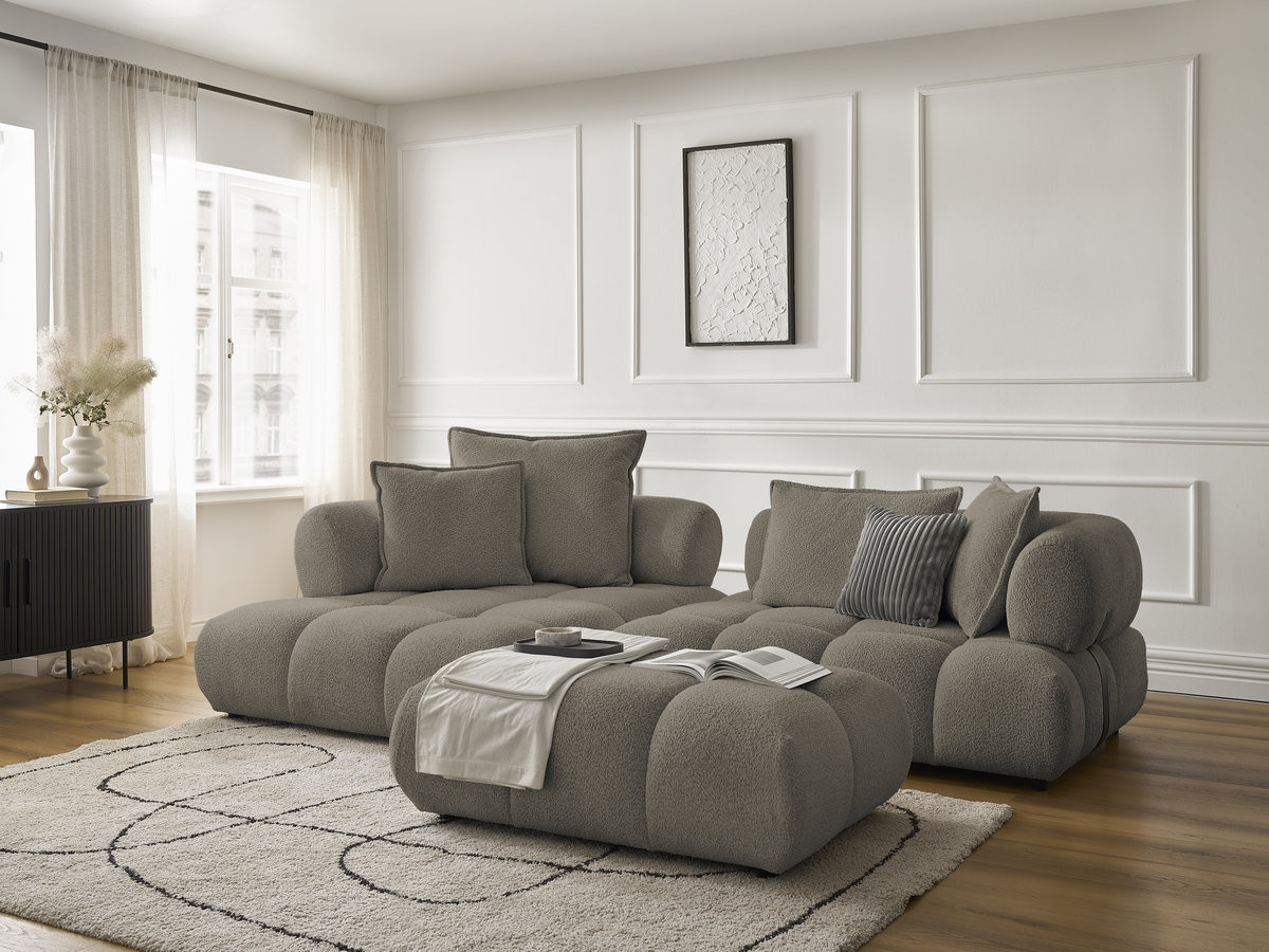 Canapé d'angle fixe ALYA tissu bouclette avec pouf