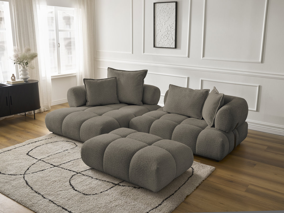 Canapé d'angle fixe ALYA tissu bouclette avec pouf
