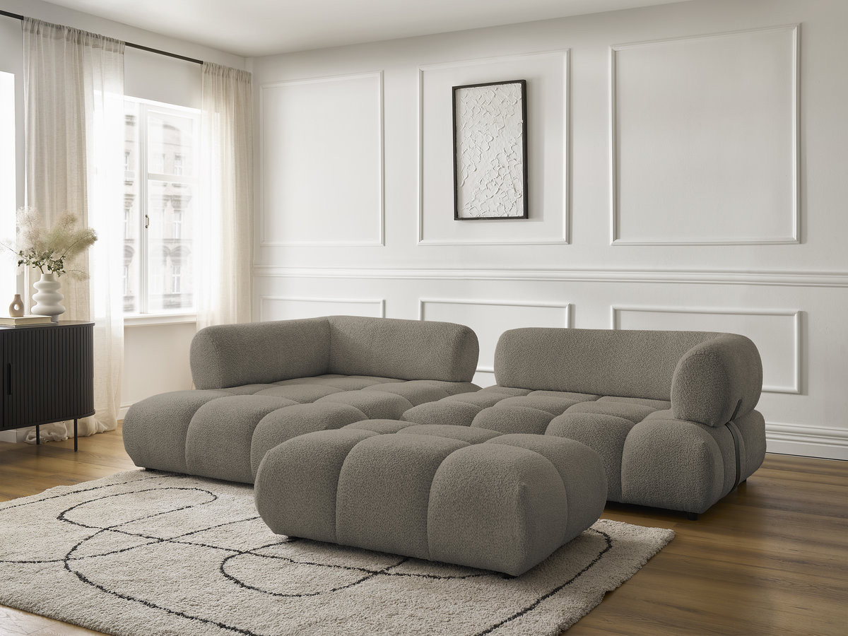 Canapé d'angle fixe ALYA tissu bouclette avec pouf