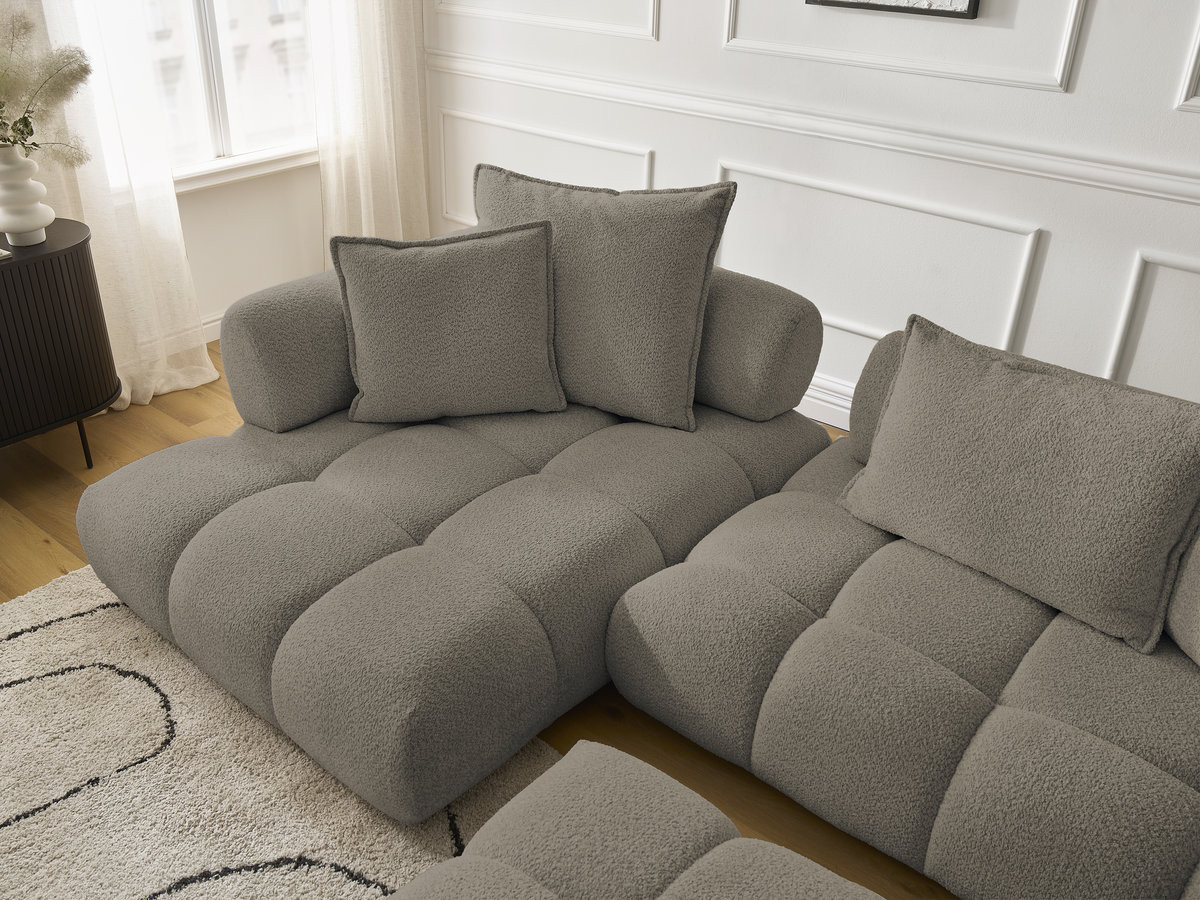 Canapé d'angle fixe ALYA tissu bouclette avec pouf