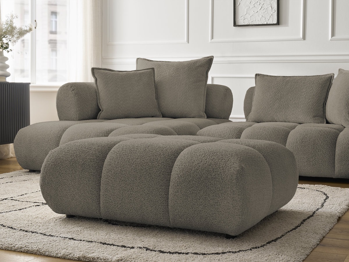 Canapé d'angle fixe ALYA tissu bouclette avec pouf