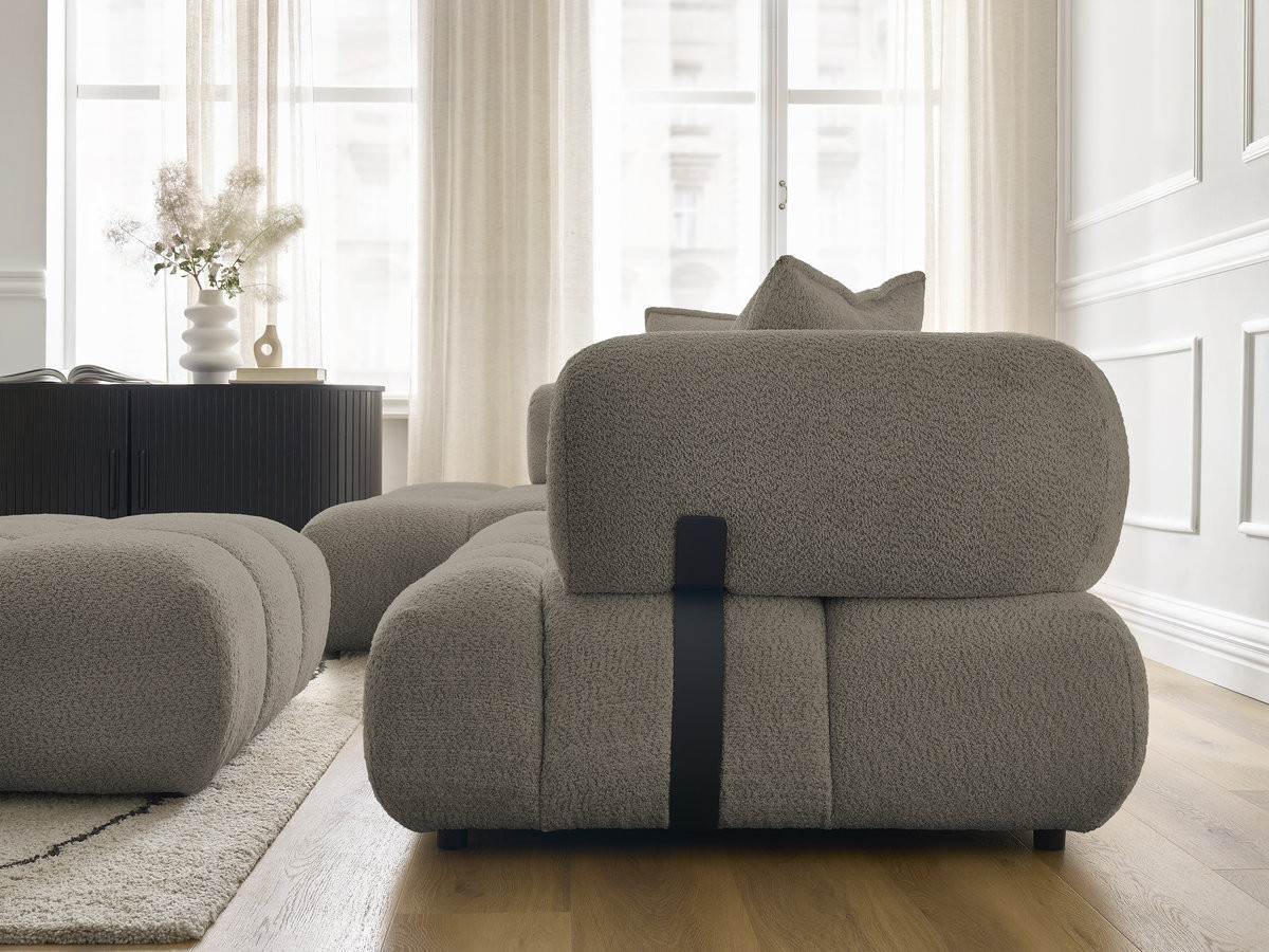 Canapé d'angle fixe ALYA tissu bouclette avec pouf