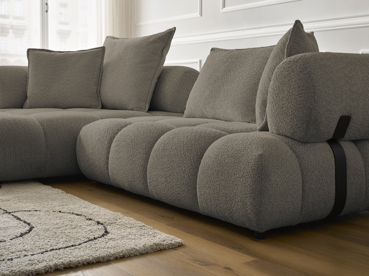 Canapé d'angle fixe ALYA tissu bouclette avec pouf