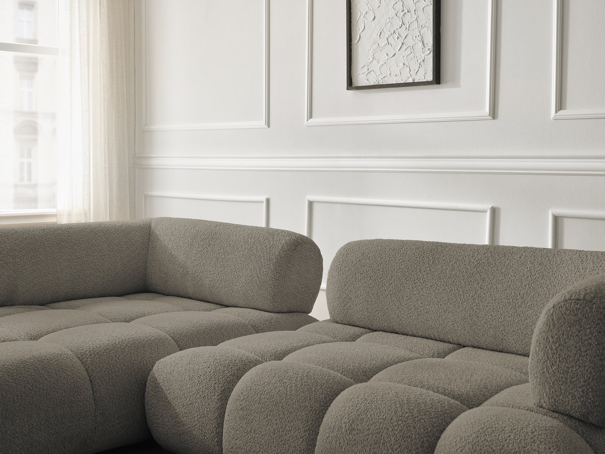 Canapé d'angle fixe ALYA tissu bouclette avec pouf