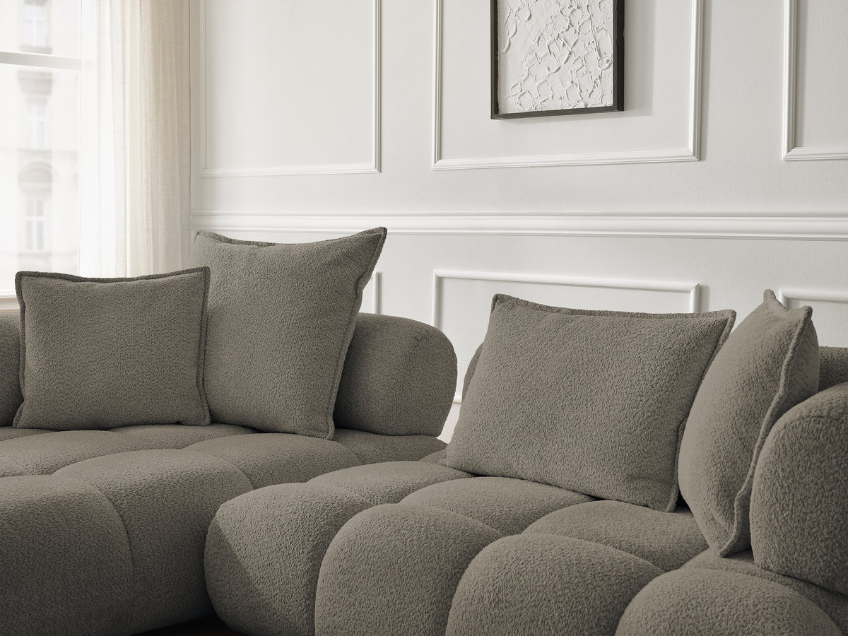 Canapé d'angle fixe ALYA tissu bouclette avec pouf