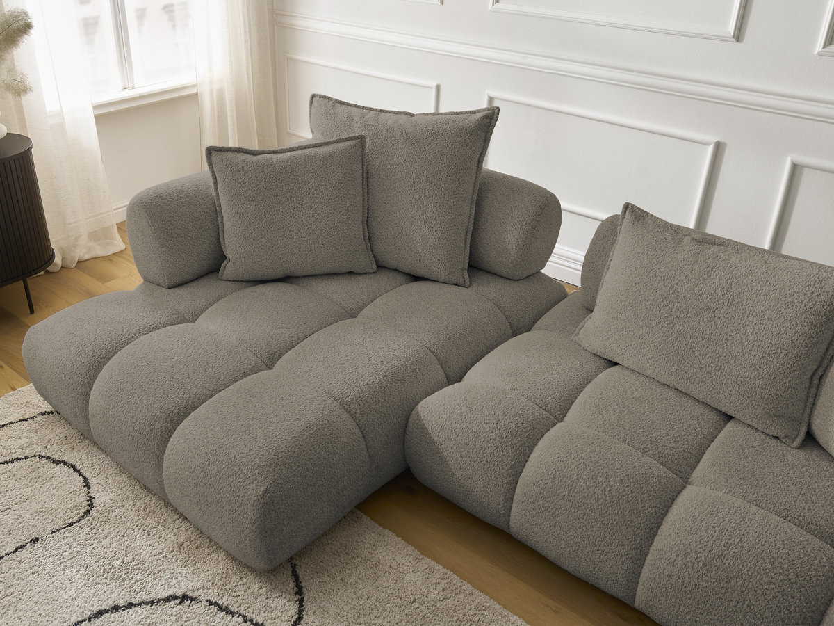 Canapé d'angle fixe ALYA tissu bouclette avec pouf