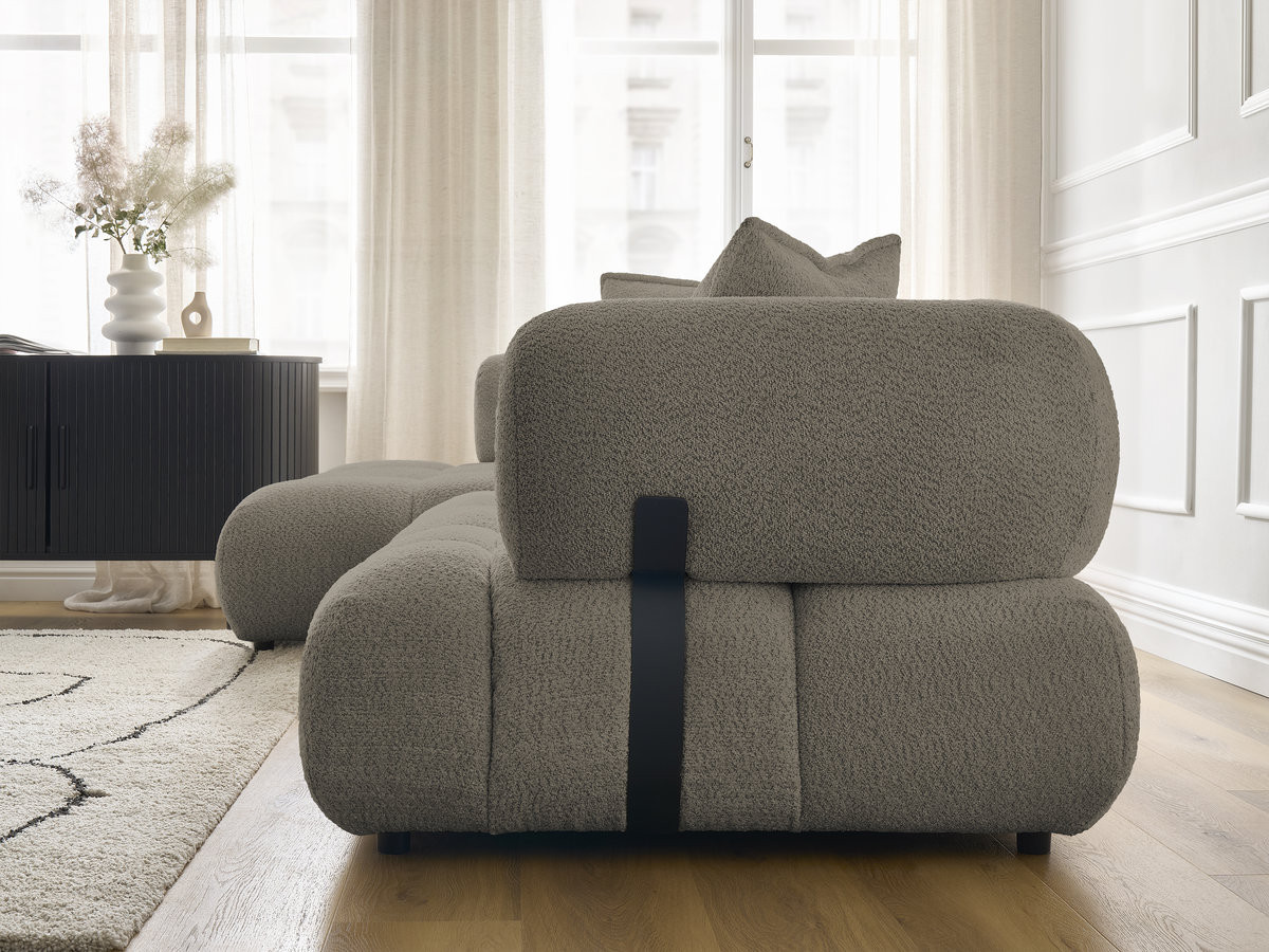 Canapé d'angle fixe ALYA tissu bouclette avec pouf