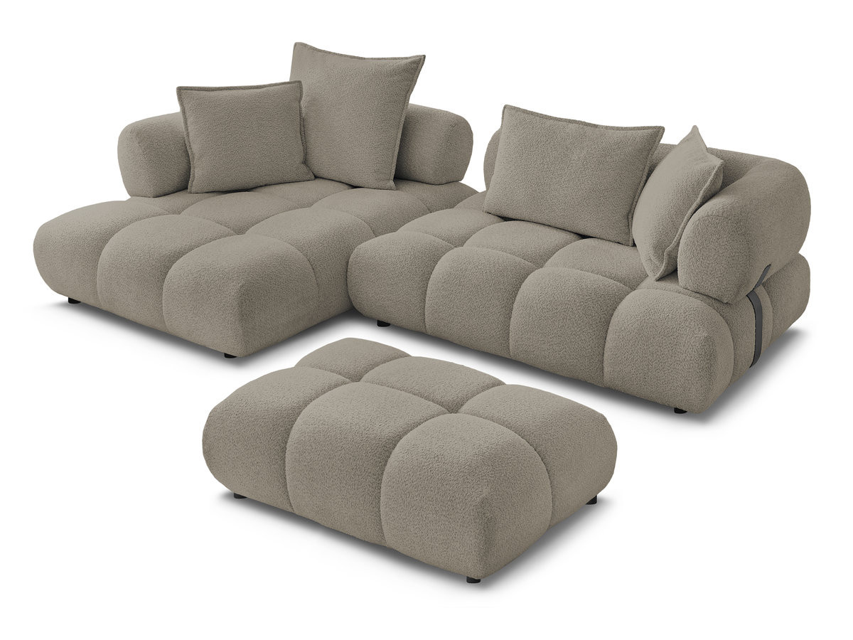 Canapé d'angle fixe ALYA tissu bouclette avec pouf