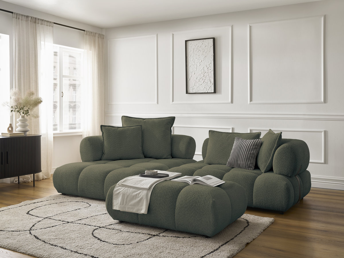 Canapé d'angle fixe ALYA tissu bouclette avec pouf vert  angle gauche BOBOCHIC 4 places