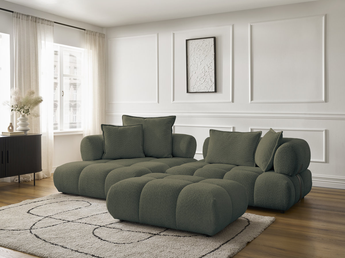 Canapé d'angle fixe ALYA tissu bouclette avec pouf