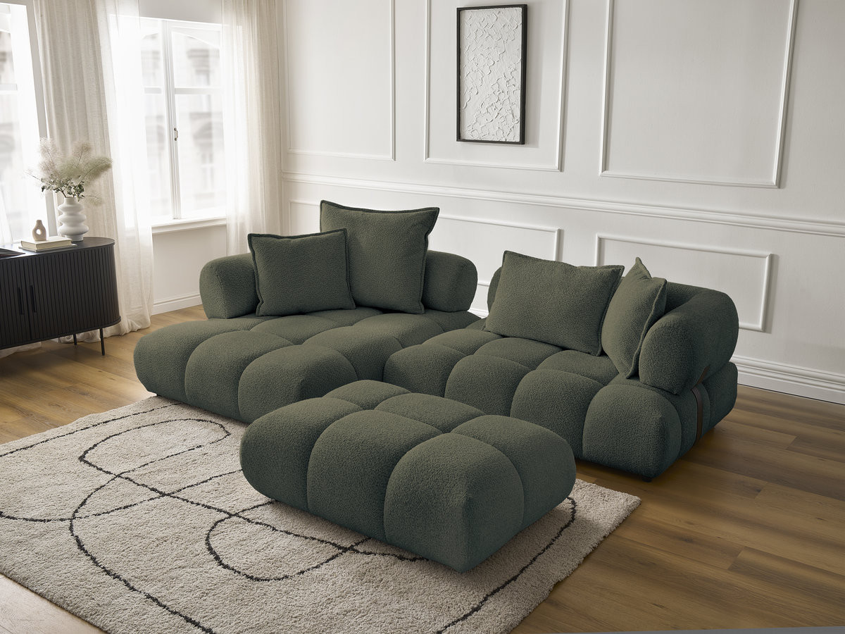 Canapé d'angle fixe ALYA tissu bouclette avec pouf