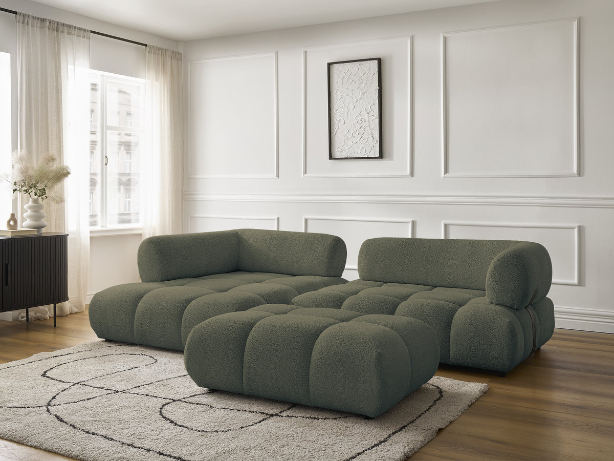 Canapé d'angle fixe ALYA tissu bouclette avec pouf