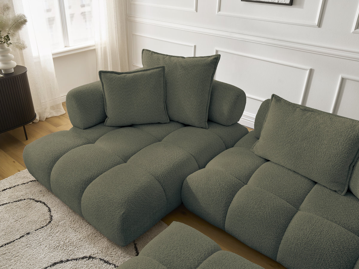 Canapé d'angle fixe ALYA tissu bouclette avec pouf