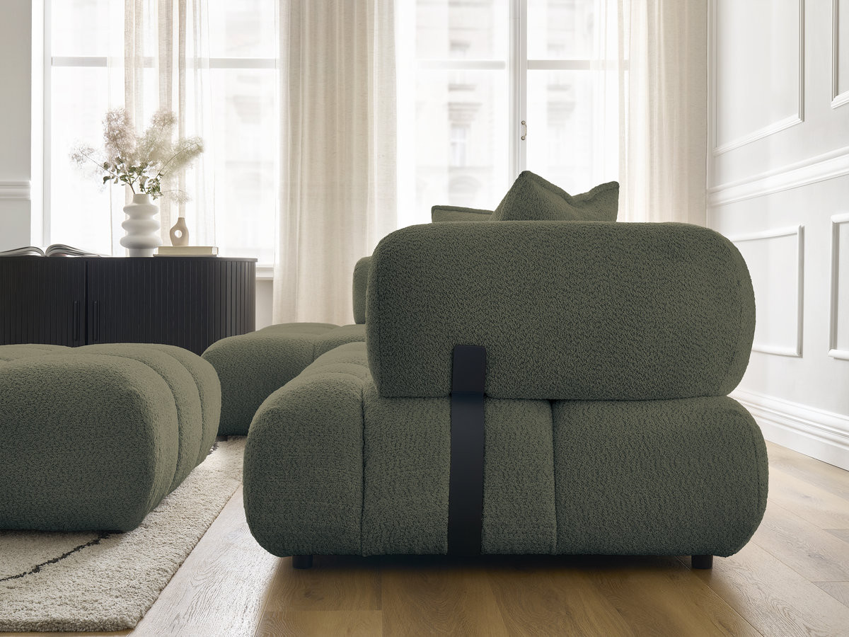 Canapé d'angle fixe ALYA tissu bouclette avec pouf