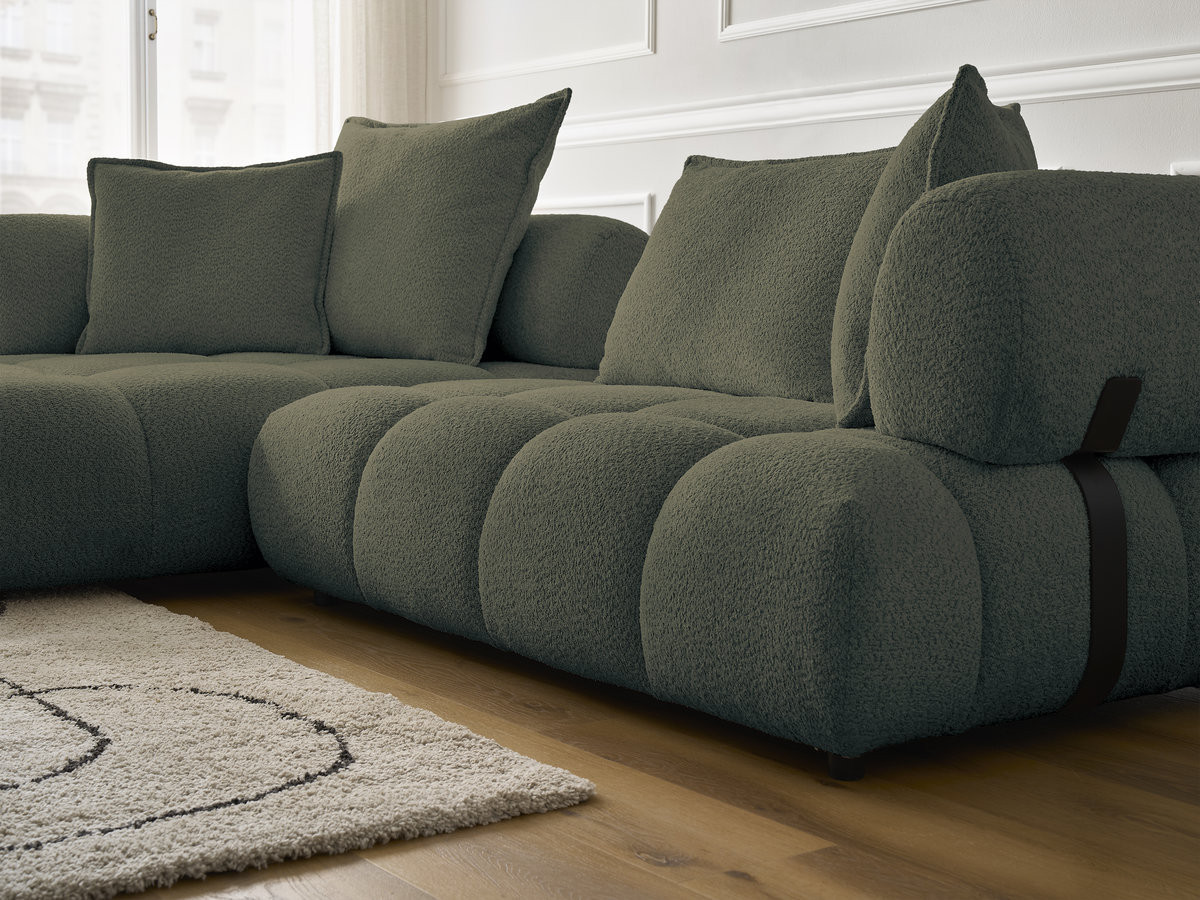 Canapé d'angle fixe ALYA tissu bouclette avec pouf