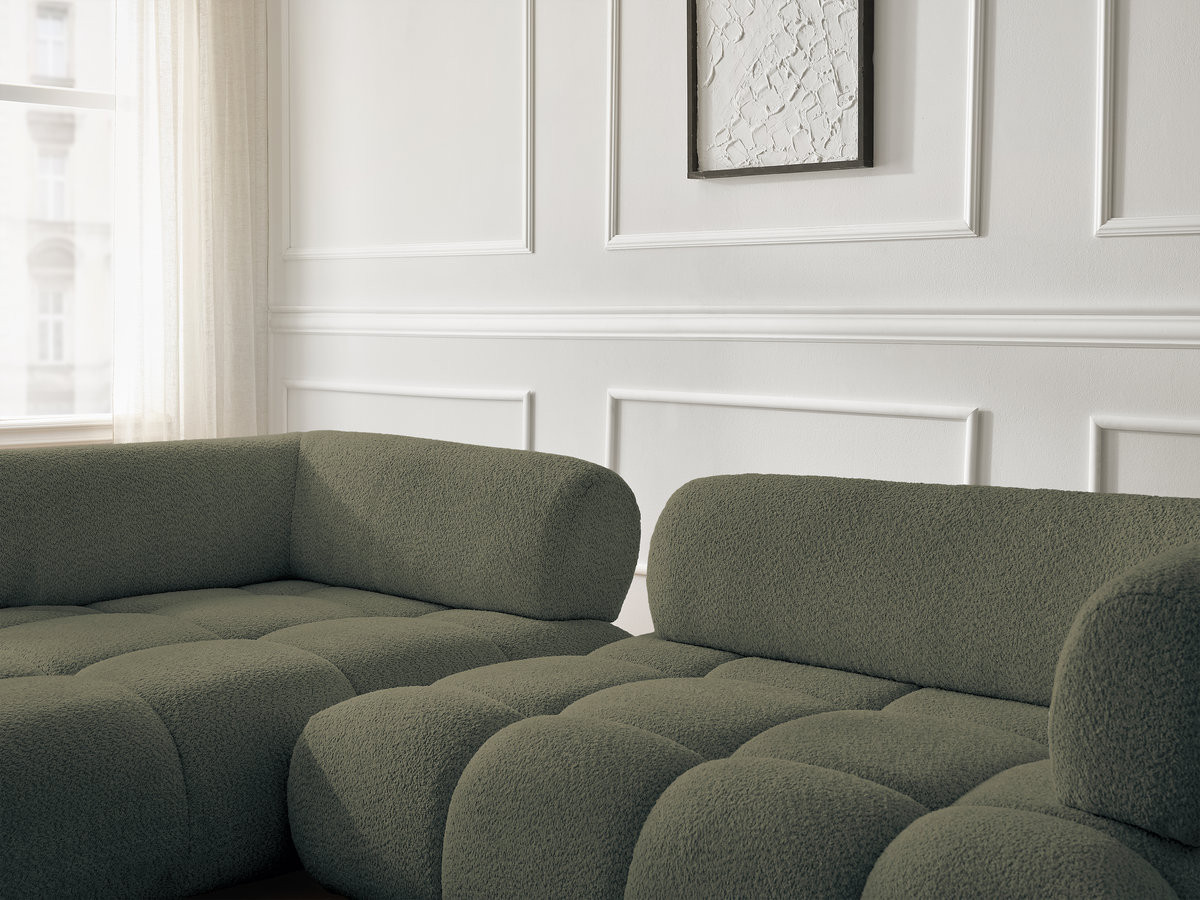 Canapé d'angle fixe ALYA tissu bouclette avec pouf
