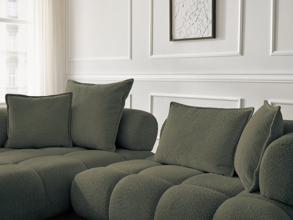 Canapé d'angle fixe ALYA tissu bouclette avec pouf