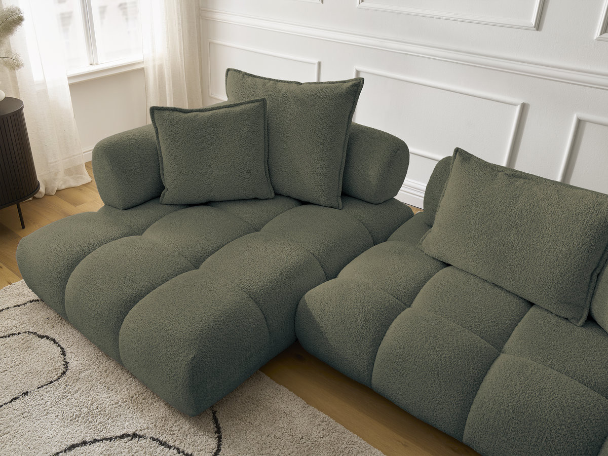 Canapé d'angle fixe ALYA tissu bouclette avec pouf
