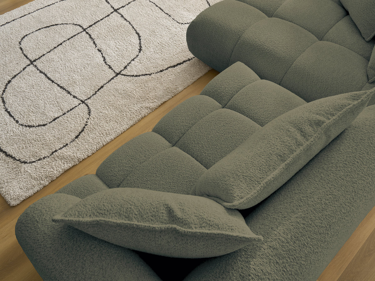 Canapé d'angle fixe ALYA tissu bouclette avec pouf
