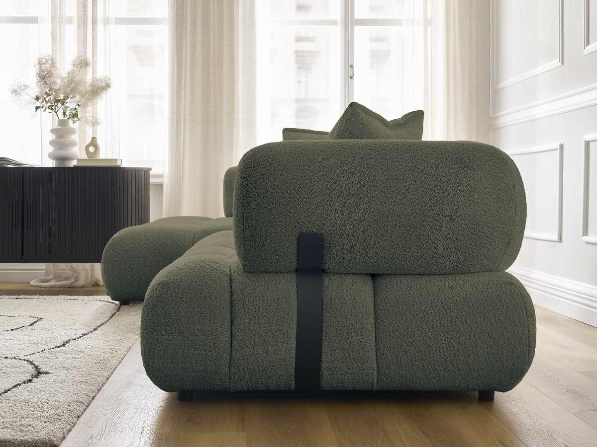 Canapé d'angle fixe ALYA tissu bouclette avec pouf