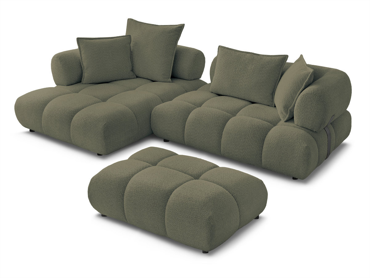 Canapé d'angle fixe ALYA tissu bouclette avec pouf