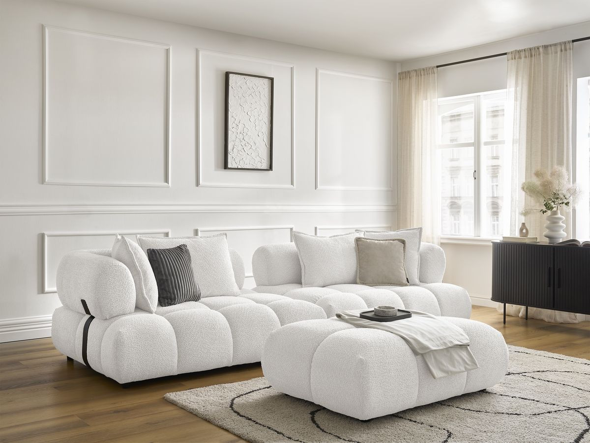 Canapé droit 4 places ALYA bouclette avec pouf blanc