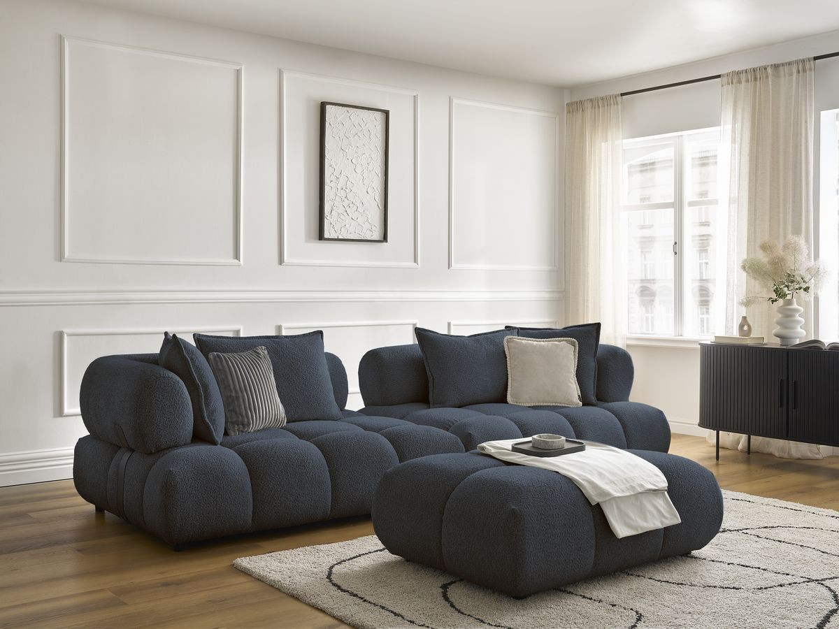 Canapé droit 4 places ALYA bouclette avec pouf bleu foncé