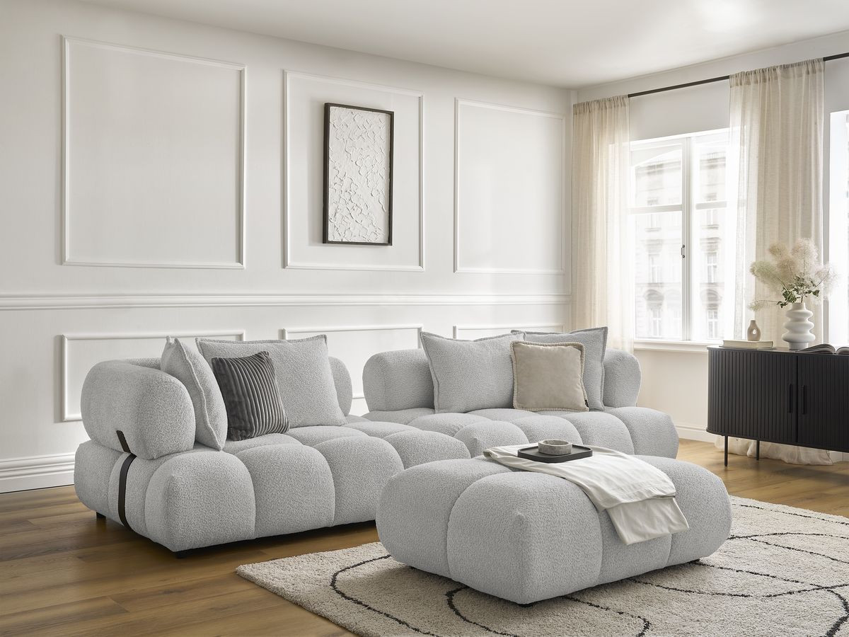 Canapé droit 4 places ALYA bouclette avec pouf gris clair