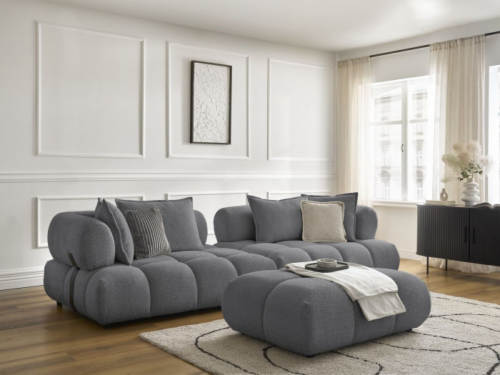 Canapé droit fixe 4 places ALYA tissu bouclette avec pouf