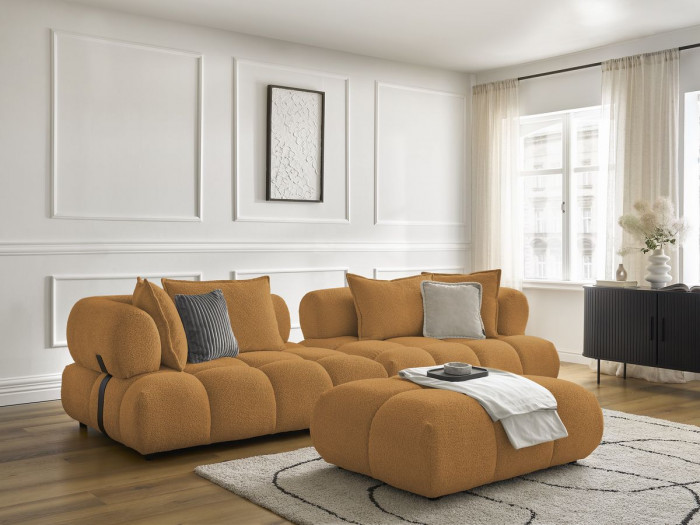 Canapé droit fixe 4 places ALYA tissu bouclette avec pouf