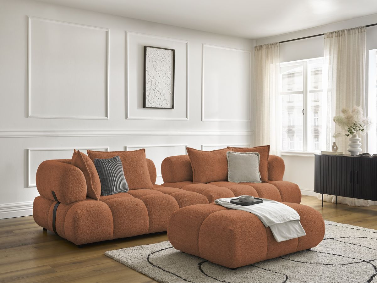 Canapé droit 4 places ALYA bouclette avec pouf orange