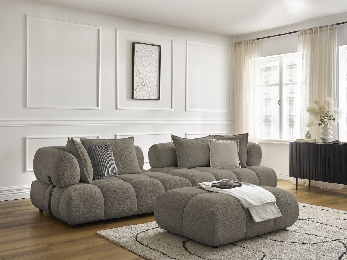 Canapé droit 4 places ALYA bouclette avec pouf taupe