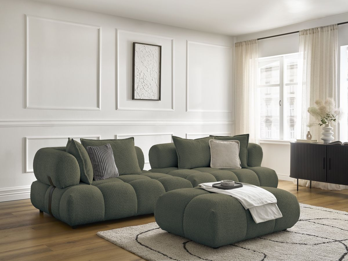 Canapé droit 4 places ALYA bouclette avec pouf vert