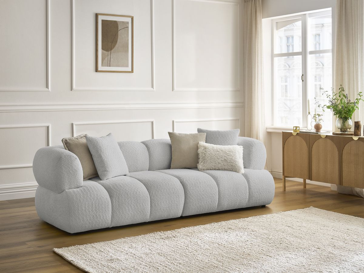 Canapé droit 3 places PAMIRA bouclette gris clair