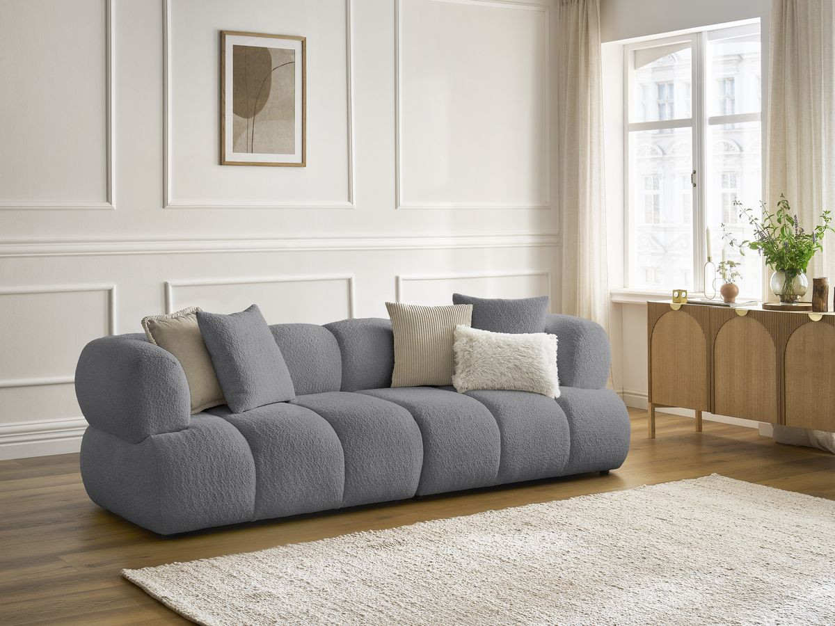 Canapé droit 3 places PAMIRA bouclette gris foncé