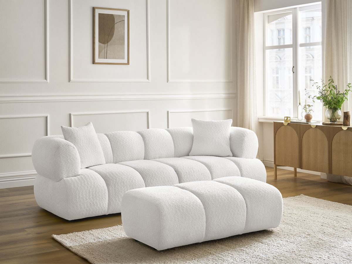 Canapé droit 3 places PAMIRA bouclette avec pouf blanc — vue 6