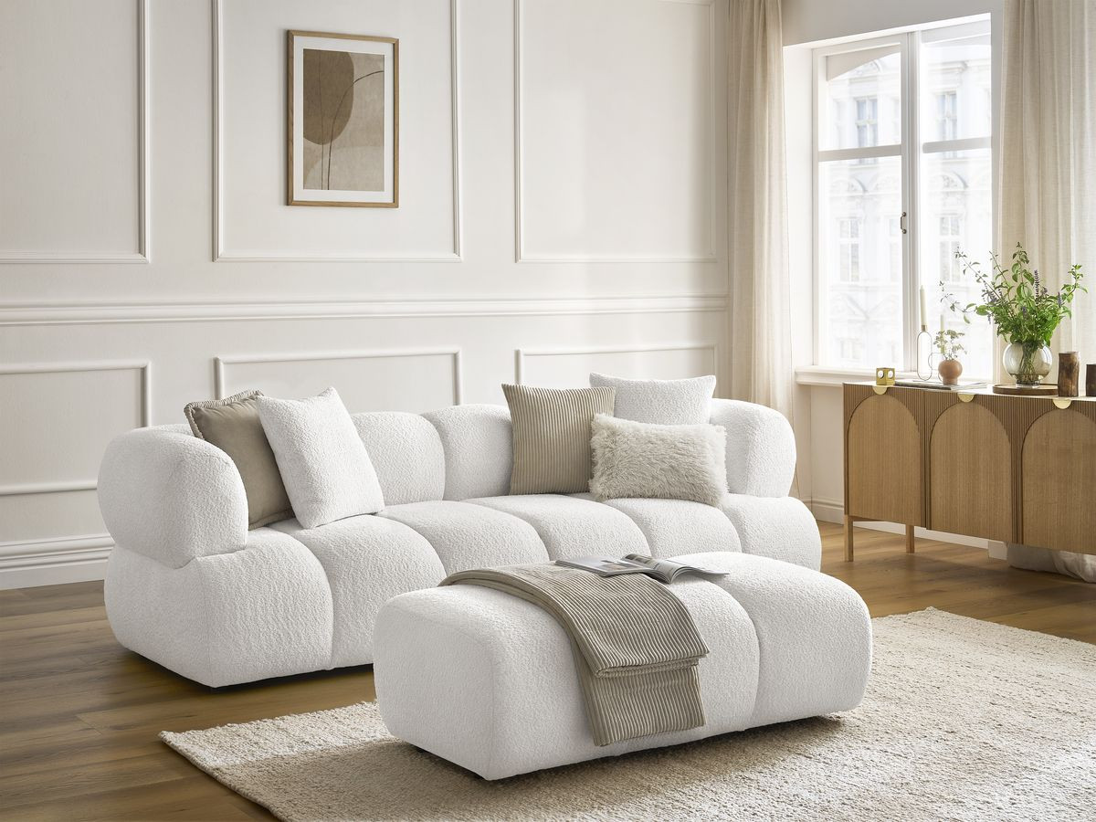 Canapé droit 3 places PAMIRA bouclette avec pouf blanc