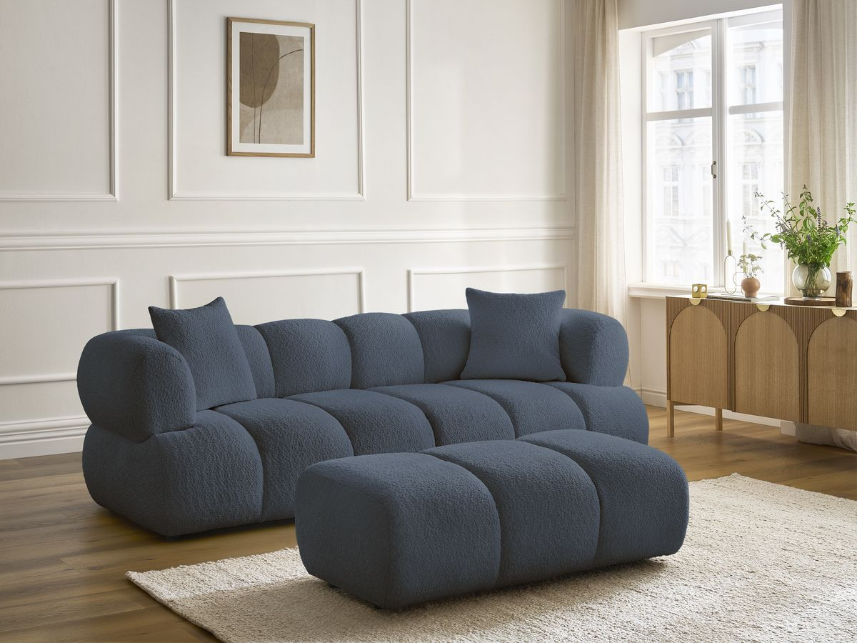 Canapé droit 3 places PAMIRA bouclette avec pouf bleu foncé — vue 6