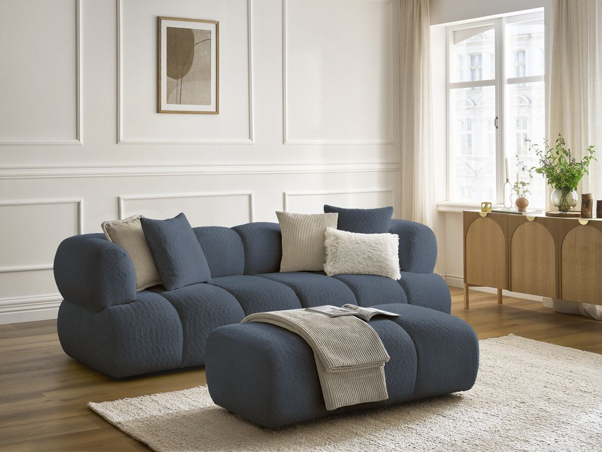 Canapé droit 3 places PAMIRA bouclette avec pouf bleu foncé