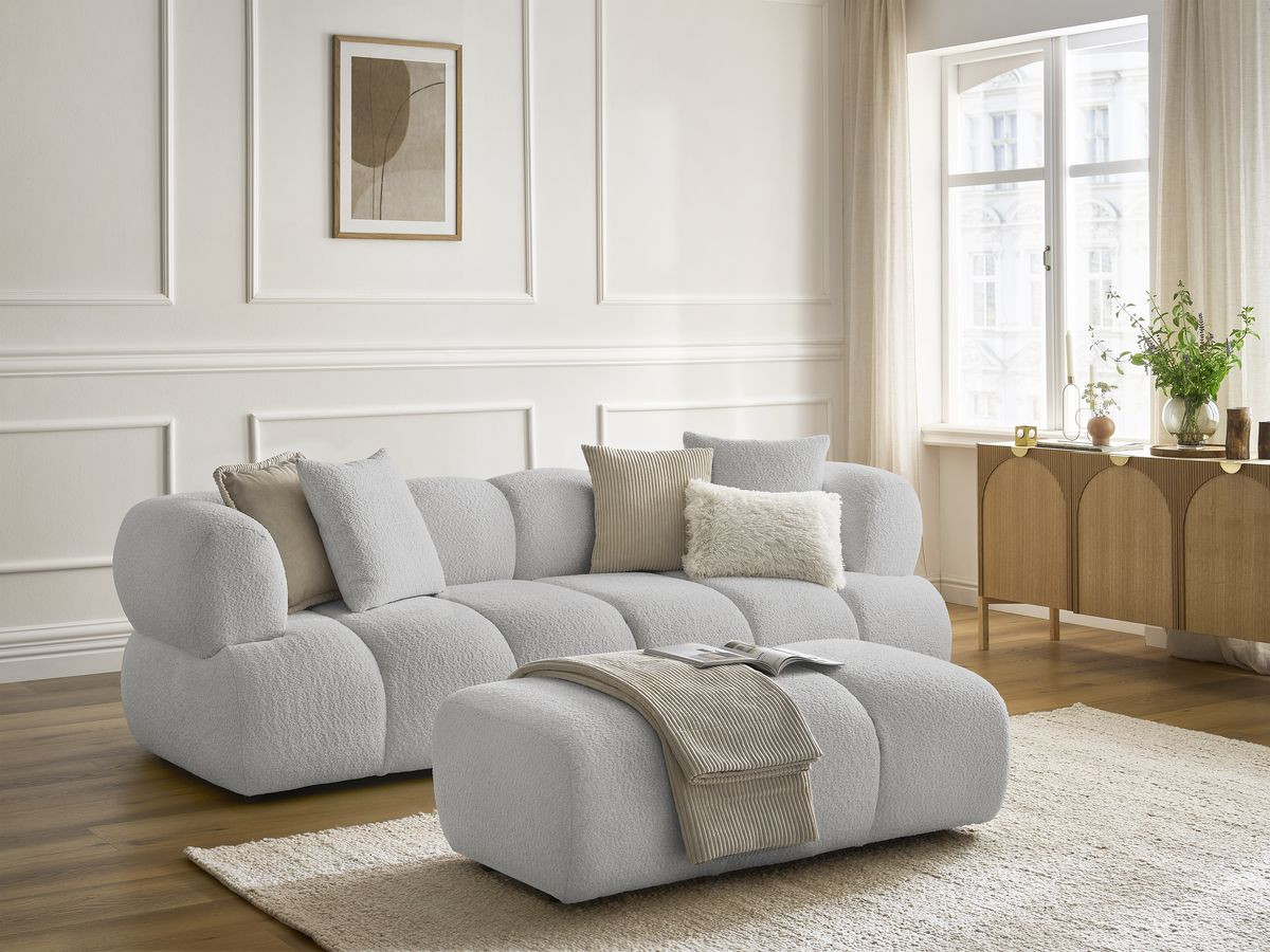 Canapé droit 3 places PAMIRA bouclette avec pouf gris clair