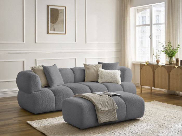 Canapé droit fixe 3 places PAMIRA tissu bouclette avec pouf