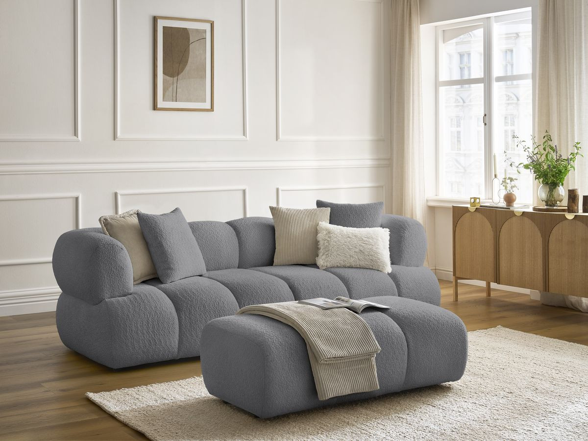 Canapé droit 3 places PAMIRA bouclette avec pouf gris foncé