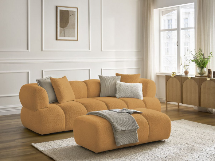Canapé droit fixe 3 places PAMIRA tissu bouclette avec pouf