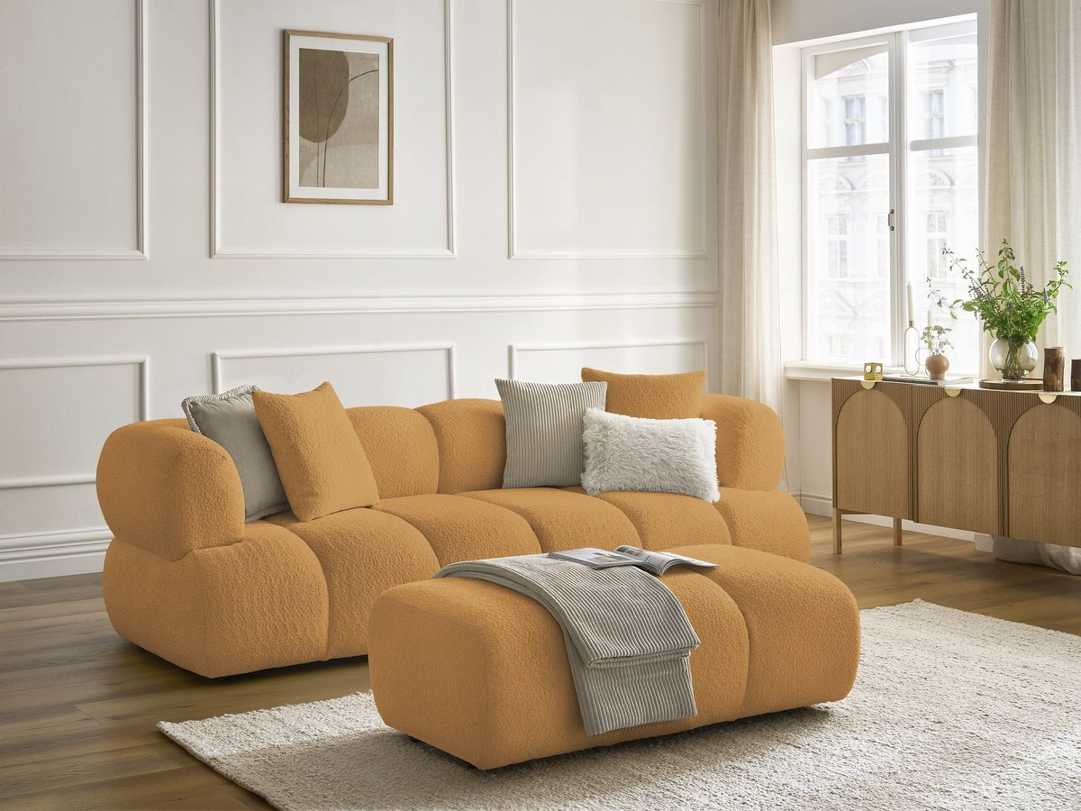 Canapé droit 3 places PAMIRA bouclette avec pouf jaune