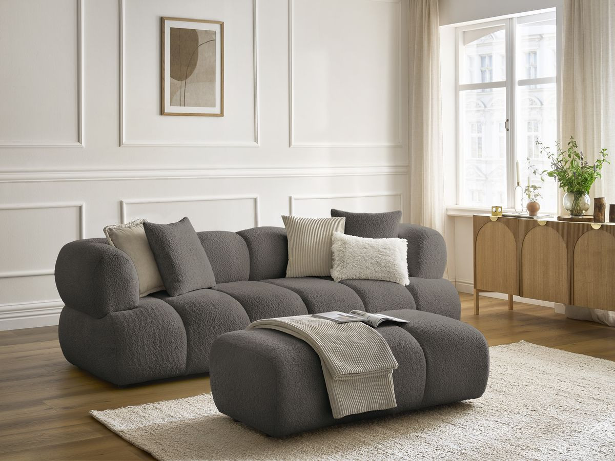 Canapé droit 3 places PAMIRA bouclette avec pouf marron