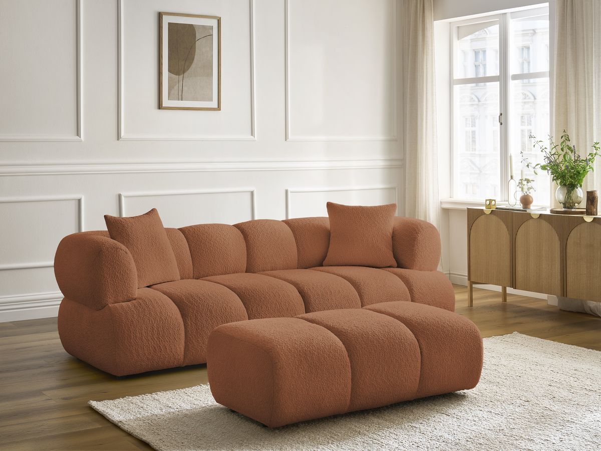 Canapé droit 3 places PAMIRA bouclette avec pouf orange — vue 6