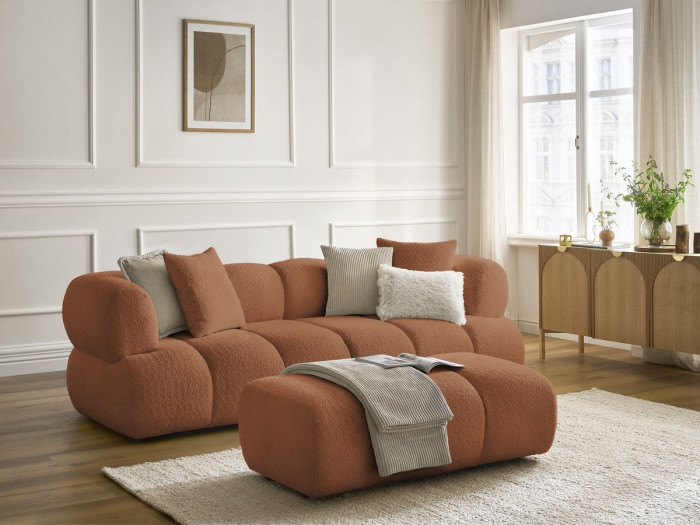 Canapé droit fixe 3 places PAMIRA tissu bouclette avec pouf