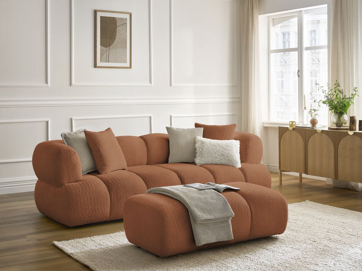 Canapé droit 3 places PAMIRA bouclette avec pouf orange