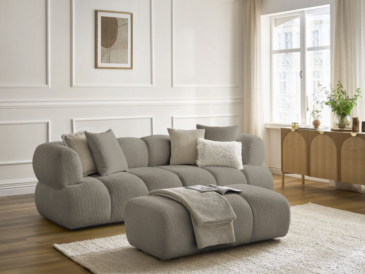 Canapé droit 3 places PAMIRA bouclette avec pouf taupe