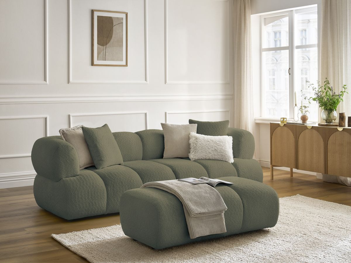 Canapé droit 3 places PAMIRA bouclette avec pouf vert